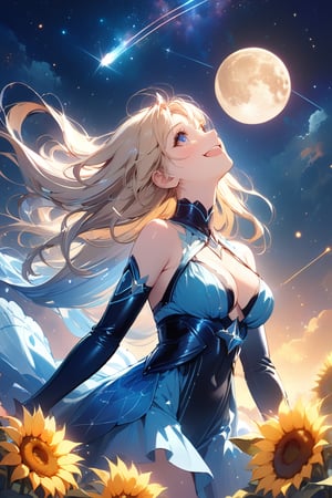 masterpiece, top quality, super detailed, perfect hands, perfect anatomy, high details, detailed background, full body, medium bust, very cute face, beautiful face, super detailed face, cute round face, (view from below), girl standing in a flower field looking up (full moon), medium bust, celestial maiden outfit, shiny blonde hair, long hair, sapphire eyes, round eyes, raising hands to the sky, from the side, smiling, happy, mouth open, looking up to the sky, (shooting star), (nebula), sunflower, (warm light source: ), intricate details, volumetric lighting, (atmospheric lighting), fantasy, score_9, score_8_up, score_7_up,noc-mgptcls