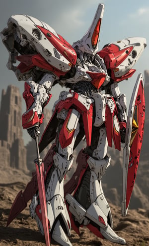 A majestic mecha stands tall, its red and white armor glistening in the sunlight. Equipped with a gleaming sword and shield, it holds them confidently, the sword's glow illuminating its rugged features. The cowboy shot framing showcases the robot's robust form against a blurred, mystical background. In UHD detail, every mechanism is visible, as if ready to spring into action. Red, shining eyes pierce through the darkness, casting an otherworldly gaze. Amidst a backdrop of ancient castles, this mecha stands vigilant, its pose at once random and deliberate, exuding power and readiness for battle.,painting