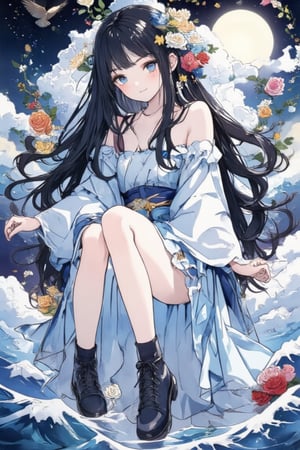 Masterpiece, Best Quality, 8K,1 girl, Ukiyo-e style, solo, long hair, looking at viewer, bangs, (((smile: 1.4))), black hair, hair accessory, long sleeves, dress, sitting, floating, y sideways, one leg up, very long hair, blue eyes, sky, socks, short boots, clouds, hair flower, wide sleeves, water, off-shoulder dress, frills, dress, bird, sea, wavy hair, moon, full moon, waves,acryli painting,Anime style,Made of adrr-zllj,ukiyoe,colorful,b&w,scene,amaterasu