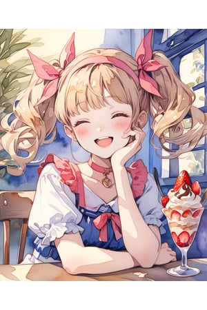 Masterpiece, Top Quality, Aesthetic, (((Background Blur: 1.8))), ((Watercolor Style: 1.5)), Blake, One Girl, Solo, Blushing, Smiling, Open Mouth, Bangs, Blonde Hair, Hair Accessory, Ribbon, Twin Tails, Eyes Closed, Upper Body, Short Sleeves, Hair Ribbon, Hairband, Food, Choker, Indoors, Window, Fruit, Pink Ribbon, Hand on Own Face, Ice Cream, Strawberry, Spoon, Hand on Own Cheek, Parfait,watercolor \(medium\)