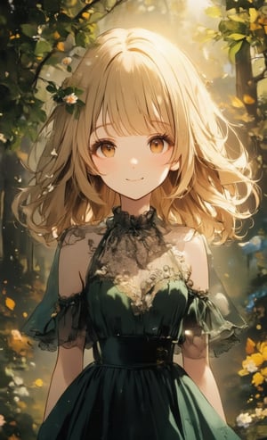 A girl with a bright blonde wavy bob is smiling in the forest. Her hair shines golden in the sunlight, and its soft waves sway gracefully. The camera is angled from the front to clearly capture her facial expressions. She is wearing an elegant velvet dress, the deep emerald green hue complementing her skin. The dress has delicate lace detailing on the chest and a fluttery hem, making it as light as flowers in the forest. In the background is a forest full of green leaves, and the soft light shining through the trees surrounds her. Using depth of field, the background is blurred to make her presence stand out. Small particles of light dance around her, as if fairies are dancing around her. Her eyes are big and bright, with a deep color that makes you feel the mystery of the forest. Her smile is warm and brings a dream-like sense of peace to those who see it. ,acryli painting,Anime style,Oil painting style 