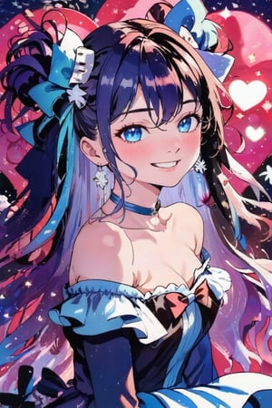 masterpiece, best quality, aesthetic, one girl, solo, long hair, looking at viewer, blush, smiling, bangs, blue eyes, dress, bow, ribbon, bare shoulders, closed mouth, multicolored hair, collarbone, hair ribbon, upper body, heart, ruffles, open clothes, sleeveless, virtual youtuber, off shoulder, two side up, V-shaped eyebrows, head tilted, sleeveless dress, blue dress,Anime style,1girl,vspop,flat style,hand drawn,anime,kawaii