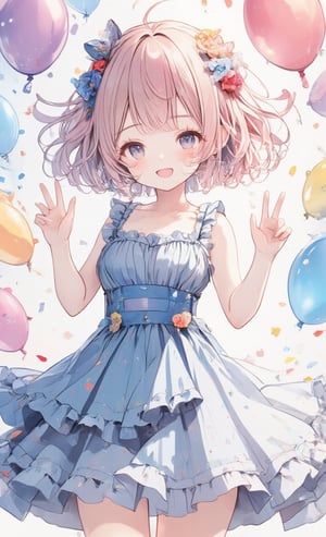 A girl wearing a frilly blue dress is smiling and waving. Her hairstyle is short bob and her hair color is pastel pink. Represented in a clipping art style, the camera is angled from the front. Colorful balloons float in the background, the lens effects reflect light, and bright lighting gently illuminates her face.,acryli painting,colored pencil drawing,Anime style