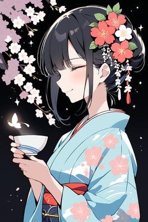 Masterpiece, Top Quality, Beautiful Feeling, 1 Woman, Solo, Blush, Smiling, Bangs, Black Hair, Hair Ornament, Holding, Mouth Closed, Eyes Closed, Upper Body, Flower, Kimono, Hair Flower, Kimono, Odangou Hair, Side View, Cup, Sake Cup, Obi, Sparkle, Profile, Obi, Floral Pattern, Single Odangou Hair, Black Background, Cherry Blossoms, Sake Cup Holding, Light Particles, Sake Cup, Bokeh,flat style