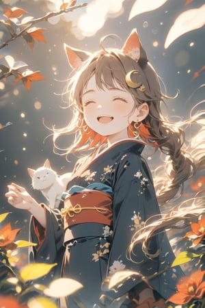 Masterpiece, highest quality, aesthetic, traditional media,
\\character
  1 Girl, Solo, Looking at camera, Blue eyes, Clear eyes, Smile, Happy, Open mouth, (Fluffy cat ears: 1.1), Cheeks, Ahoge, Brown hair, Single braid, (Red inner hair: 1.3 ), (straight bangs: 1.5), ((big red ribbon: 1.5)), (crescent-shaped hair ornament: 1.3), chest, middle chest, cleavage, crystal earrings,
break
person, long sleeve, mouth closed, standing, flower, Japanese clothes, wide sleeve, kimono, black eyes, sash, floating hair, obi, red flower, wind, branches, black kimono