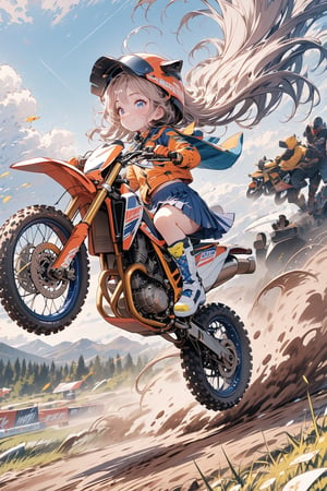 Masterpiece, beautiful details, perfect focus, uniform 8K wallpaper, high resolution, exquisite texture in every detail, score_7_up, deformed, 1girl, solo, long hair, blush, smile, blue eyes, blonde hair, gloves, closed mouth, Jacket, Skirt, Full Body, Boots, Eyebrows, Helmet, Ground Vehicle, Automobile, Riding, Knee Pads, Motocross Bike, Motorcycle, Bike Jumping, Orange Gloves
