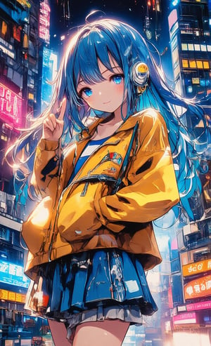 In a colorful cityscape with an isometric design, a girl wearing a pop yellow jacket stands with a happy smile on her face. She has straight hair down to her shoulders and her hair color is bright blue. Her blue eyes sparkle, one hand on her hip and the other making a peace sign. The buildings and street lights in her background complement her bright atmosphere and add vibrancy to the whole image. ,acryli painting,colored pencil drawing,Anime style,dal