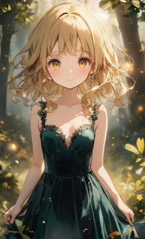 A girl with a bright blonde wavy bob is smiling in the forest. Her hair shines golden in the sunlight, and its soft waves sway gracefully. The camera is angled from the front to clearly capture her facial expressions. She is wearing an elegant velvet dress, the deep emerald green hue complementing her skin. The dress has delicate lace detailing on the chest and a fluttery hem, making it as light as flowers in the forest. In the background is a forest full of green leaves, and the soft light shining through the trees surrounds her. Using depth of field, the background is blurred to make her presence stand out. Small particles of light dance around her, as if fairies are dancing around her. Her eyes are big and bright, with a deep color that makes you feel the mystery of the forest. Her smile is warm and brings a dream-like sense of peace to those who see it. ,acryli painting,Anime style,Oil painting style 