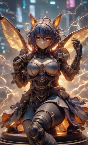 A dynamic pose: A solo Mecha girl stands triumphantly, framed against a cityscape backdrop of neon-lit skyscrapers at dusk, with the sun's warm glow casting a golden light on her celestial blue hair. Her bright smile and soft blush as she gazes directly at us, accentuating her striking features, radiate confidence and power. The transparent resin wings with flame-effect glow, crafted in intricate detail, complement the armor-plated dress-bodysuit that wraps her lithe figure like a futuristic exoskeleton. Confidently grasping her weapon, she sits atop a sleek futuristic pedestal, surrounded by a halo of electricity and energy, as if ready to unleash a burst of power at any moment.,create figure,real robot