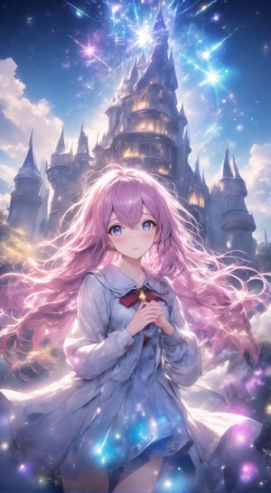 A cute girl is standing in front of a fantastic castle. Her hair is long and bright pink, and her dress is pale blue, with star patterns all over it. The background features a castle tower, clouds floating in the sky, and shining star effects. She stares at the castle with a dreamy look on her face, hands on her chest. Flowing light surrounds her, creating a fantastical atmosphere that makes you feel as if you are in a magical world.
anime,Detailed Anime,cute,beautiful_female_fingers,fantasy girl