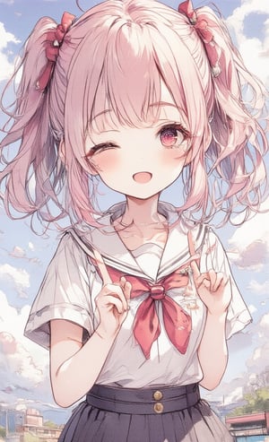 1 girl, solo, looking at viewer, blushing, smiling, mouth open, bangs, shirt, red eyes, bow tie, ribbon, school uniform, collarbone, hair ribbon, upper body, pink hair, short sleeves, hair ribbon, outdoors, one eye closed, sky, teeth, sailor uniform, daytime, clouds, bow tie, sailor collar, red bow tie, side ponytail, red ribbon, blue sky, hands up, V, buttons, upper teeth only, ;d, red bow tie, white sailor collar, double V,acryli painting,Anime style,ct-animepopstyle,colored pencil drawing