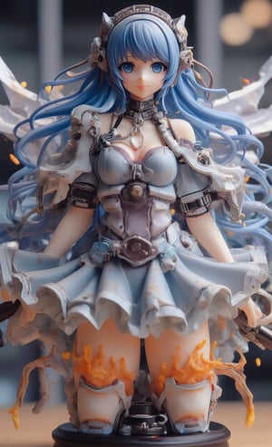 single girl, Mecha girl,reality photo, 3D model, figure, resin, looking at the viewer, smiling, blushing, blue hair, long hair, floating hair, headgear, android, dress bodysuit, armor, weapon holding, mechanical wings , transparent resin flame effect parts in the background, on a futuristic pedestal,create figure,real robot