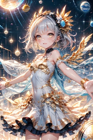 {{{masterpiece}}}, {{{best quality}}}, {{ultra-detailed}}, {illustration}, {{an extremely delicate and beautiful}},(1girl),(((planet))), silver hair, , ((gold eyes)),spread arms,outstretched hand,veil,glowing wings,bored,petite,one girl