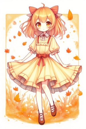 A delicate autumnal scene unfolds: a kawaii girl, her hair a warm honey hue, stands amidst rustling leaves, their amber tones glistening with dew. Soft, feathery light casts a gentle glow, highlighting the subject's porcelain complexion and rosy cheeks. The composition is framed by a subtle, textured border, reminiscent of watercolor brushstrokes. Against a pure white background, the artwork radiates an aura of serenity, as if suspended in a moment of tranquility,colored pencils