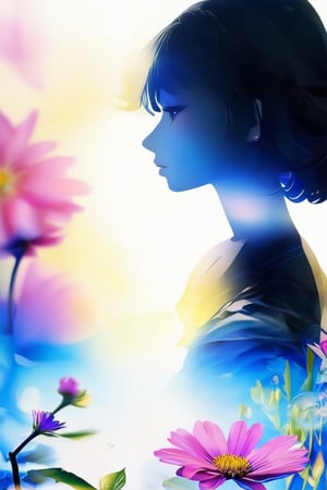 anime style,anime girl,
masterpiece,silhouette of a woman in profile. Inside the silhouette you can see the double exposure with a flower, masterpiece, ((double exposure)), proportional