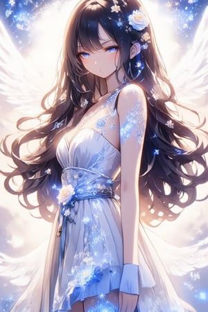 In this breathtaking 8K animated masterpiece, a serene anime-style girl with long black hair cascading down her back like a velvet waterfall gazes into the distance with piercing blue eyes and delicate light brown eyebrows. Her slender figure is draped in a flowing white dress adorned with intricate white flowers, cinched at the waist by a shimmering blue belt. A dainty flower crown rests atop her wavy locks as she stands poised, her ruffled white wings fluttering softly behind her in a whimsical dance. The warm lighting casts a soft glow on the scene, set against a subtle gradient of gentle blues and whites.,acryli painting,Anime style,Made of adrr-zllj,dal