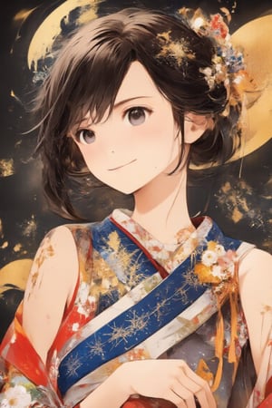 One girl, simple background, Japanese pattern background, art parody, looking at the viewer, smiling, happy, mouth open, long hair, black eyes, black hair, kimono, obi, hair accessory, oil painting style, masterpiece quality, stunning image,Oil painting style,Anime style,Oil painting style,Made of adrr-zllj,Oil painting style 