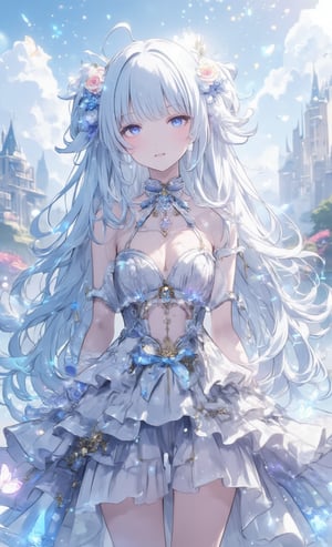 A mysterious girl with long, straight, randomly pastel blue hair wears a silver dress with shiny frills and ribbons. Sparkling stardust-like effects dance around her, and a fantastic castle floating in the sky is vaguely reflected in the background. The camera is in soft focus, and the blur of light appears to wrap around her. The frame is designed with dancing butterflies in pale light, expressing a dream world. ,acryli painting,Anime style,VNS_Add more details,Made in abyss manga