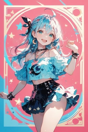 masterpiece, top quality, high quality, exquisite, beautiful, background, girl, dancer, fantasy map, happy, glad, fun, blissful, cheerful, smiling, laughing, cheerful smile, wink, dancing, looking at viewer, front view, ahoge, hair between the eyes, blunt bangs, half up, long hair, light blue hair, blue eyes, shiny skin, tall, curvy, skinny, idol, ruffled clothing, off-the-shoulder top, hair ribbon, earrings, necklace, pink background, cute, kawaii punk, anime poster, main artwork, flat illustration, heart shape, star shape, crescent shape, hard edges, soft surfaces, doodle, embossed paper, cowboy shot, front view, dutch angle shot, cowboy shot, golden ratio, leaping figure composition, sharp, double exposure, bloom, studio lighting, cinematic lighting, tilt-shift lens, shallow depth of field, dramatic contrast, pastel colors,Deformed,glitter,emo,dal-6 style