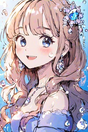 1 girl, solo, long hair, updo hairstyle, looking at viewer, blush, bangs, smiling, hair accessory, jewels, blue eyes, wavy hair, earrings, cute outfit, open lips, blurry, eyelashes, ((masterpiece: 2)), excellent quality, light particles, water drops, ((stunning image: 1.5)), anime art style.,kawaii