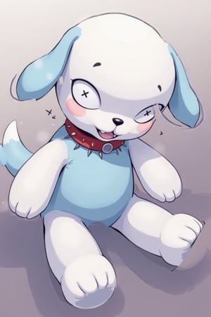 Solo, simple background, full body, teeth, long droopy ears, eyes > <, stuffed dog, light blue body. Blue limbs, blue tail, collar, red collar with spikes, no human, anime "Kobato", Ioryogi,acryli painting,Made in abyss manga