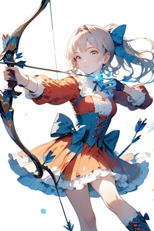 Masterpiece, 1 girl, solo, long hair, chest, bangs, blue eyes, simple background, gloves, long sleeves, white background, dress, bow, holding, medium breasts, mouth closed, ponytail, weapon, hair ribbon, black gloves, bulge sleeves, with weapon, blue bow, red dress, outstretched arms, corset, bow \(\weapon\), arrow \(\projectile\), magic, cross-lace clothes, bow \(\weapon\) have, quiver, arrow, ((draw bow: 1.8)),Magic_Archer