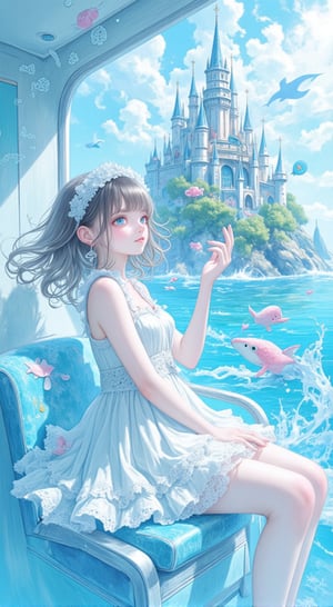  Rough sketch style,A cute girl is telling a story on a train running through the sea. Her long hair sways with the flow of the water, and her blue eyes are filled with dreams. Magical creatures and a fantastical coral castle are all around her, and her white dress flutters gracefully. The story in her mind is projected, and a beautiful seascape is double-exposed in the background. masterpiece ,
anime,beautiful_female_fingers,emoart