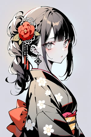 Masterpiece, best quality, beautiful sensation,
one girl, solo, long hair, staring at viewer, bangs, black hair, hair ornament, jewelry, upper body, flowers, earrings, open lips, kimono, hair flower, blunt bangs, kimono, from the side, gray eyes, makeup, piercing, floral print, red flowers, ear piercing, pale skin, lace, black kimono, black flowers,flat style