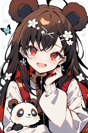 masterpiece, best quality, beautiful feel, 1 girl, solo, long hair, looking at viewer, blushing, smiling, open mouth, bangs, black hair, hair accessory, red eyes, long sleeves, white background, holding, jewelry, very long hair, jacket, upper body, flowers, ahoge, :d, earrings, hair clip, hair flower, bag, sleeves to wrist, stuffed animal, white jacket, backpack, stuffed animal, bugs, x hair accessory, white flower, butterfly, puffy long sleeves, bear ears, panda,flat style