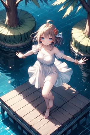 masterpiece,\\,(((Isometric design:1.8))),\\,Simple background,White background,\\,Single girl,Solo,Looking at viewer,Blushing,Smiling,Short hair,Fringe,Brown hair,Hair accessory,Ahoge,Dress,Jewelry,Blue eyes,Standing,Collarbone,Full body,Short sleeves,Outdoors,Barefoot,Daytime,Water,White dress,Bracelet,Tree,See-through,Barefoot,Outstretched arms,Nature,Playing in water,Forest,Outspread arms,See-through silhouette