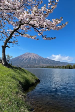 A serene outdoor scene unfolds: a bright blue sky stretches above a tranquil landscape. A gentle breeze rustles the delicate cherry blossom branches, their pink petals reflected perfectly in the calm water's surface. In the distance, a majestic mountain range rises, its rugged peaks softened by the soft focus of the atmosphere. A lone tree stands sentinel beside the riverbank, its roots exposed as the grassy slope meets the lake's edge. The cloud-dotted sky above casts a warm glow on this peaceful retreat, where nature reigns supreme.