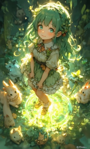 A smiling girl has long green hair and wears a leaf hair ornament. She wears a frilly dress made of natural materials and plays with the animals around her. The background is a simple forest color, and inside the circle is a double exposure of a mystical pond surrounded by fantastic light. The camera looks up at her from a low angle, and a soft light effect surrounds her, creating a dream-like atmosphere.,fantasy girl,cool_Anime