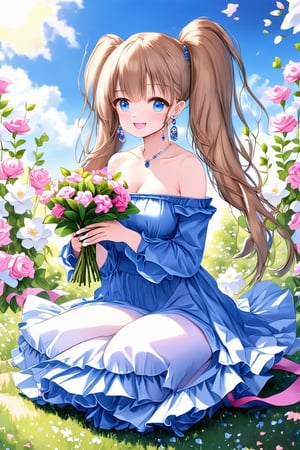 Masterpiece, Top Quality, Very Beautiful, Absurd, Score 9 Up, Score 8 Up, Score 7 Up, Anime Style, ((Flowers in the background: 1.4)), 1 girl, Solo, Long hair, Blue eyes, Blush, Bangs, Long sleeves, Dress, Frills, Multiple frills, Ribbon, Holding, Jewelry, Mouth closed, Sitting, Flowers, Light brown hair, Earrings, Off-shoulder dress, Blue dress, Head tilted, Wavy hair, Twin tails, White flowers, Pink flowers, Bouquet, Holding a large bouquet,Ye11owst0ne,grandpr1smat1c,art1stp0int,lamarva11ey,wash9urn,oldfa1thfu1