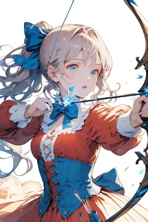 Masterpiece, 1 girl, solo, long hair, chest, bangs, blue eyes, clear eyes, simple background, gloves, long sleeves, white background, dress, bow, holding, medium breasts, open mouth, ponytail, weapon, hair ribbon , black gloves, puffy sleeves, holding a weapon, blue bow, red dress, outstretched arms, corset, bow \(\weapon\), arrow \(\projectile\), magic, cross-lace clothing, bow \ to have (\weapon\), to have a quiver, to have an arrow, ((drawing a bow: 1.8))