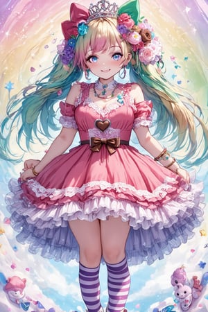 One girl, Vtuber anime character design, Love Peace Ice Cream!, an overly maximalist Vtuber character dressed in a super decorative pink Lolita fashion. Her anime-style face is incredibly cute, featuring sparkling eyes in gradient pastel colors. Her multi-layered hair flows down in a flurry of pastel green, purple, and blue, and is adorned with an excess of ribbons, flowers, and sparkly accessories. She wears a frilly cupcake-shaped dress in different shades of red, covered in lace, ribbons, and frills. The dress is further decorated with chocolate motifs, stuffed toys, and miniature mascot characters. Multiple petticoats peek out from underneath, each a different shade of pink. She wears striped stockings and platform shoes with heart-shaped buckles. A plethora of bracelets, rings, necklaces, tiaras, and more adorn her. The background is a dizzying collage of vivid colors.,flat style,txznf,Deformed,dal-6 style