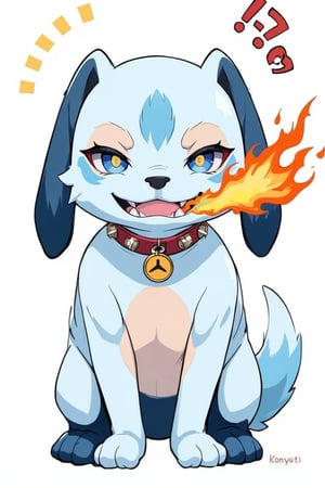 Solo, open mouth, simple background, full body, teeth, long droopy ears, eyes > <, stuffed dog, light blue body. blue limbs, blue tail, collar, red collar with spikes, non-human, fangs, fire, sharp teeth, rage pulse, angry, fire spitting, anime "Kobato", Ioryogi,acryli painting,Made in abyss manga