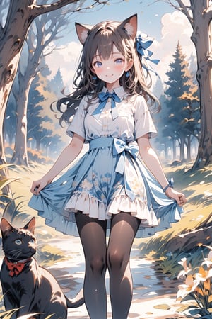 Masterpiece, beautiful details, perfect focus, uniform 8K wallpaper, high resolution, exquisite texture, one girl, solo, long hair, looking at the viewer, blush, smile, bangs, blue eyes, dress, bow, ribbon, standing, hair ribbon, flower, short sleeve, hair ribbon, pantyhose, outdoors, tree, see-through, animal, wavy hair, blue bow, cat, nature, lace trim, lace, forest, too much, watercolor touch