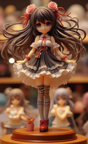 A detailed display of a Gothic Lolita anime resin figure placed on a display shelf. The figure wears a black and white ruffled dress with lace and ribbons, striped stockings and red shoes. The shelf is made of polished wood and the soft lighting highlights the delicate details of the figure. In the background, other anime figures and decorations can be faintly seen, but the focus is entirely on the Gothic Lolita figure. The room is softly lit, giving the display a warm and cozy atmosphere, perfect for any anime fan's collection.,create figure