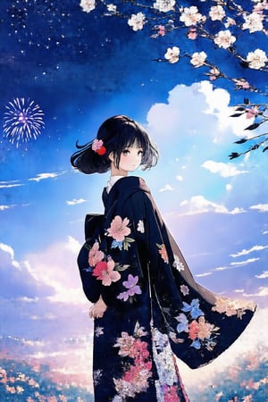 Masterpiece, best quality, very aesthetic, absurd,
solo, medium hair, black hair, one girl, flowers, girl focus, outdoors, kimono, sky, clouds, kimono, from behind, night, leaves, floral print, wind, night sky, yukata, black kimono, fireworks,flat