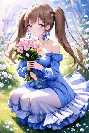 Masterpiece, Top Quality, Very Beautiful, Absurd, Score 9 Up, Score 8 Up, Score 7 Up, Anime Style,((double exposure: 1.4)), ((Flowers in the background: 1.4)), 1 girl, Solo, Long hair, Blue eyes, Blush, Bangs, Long sleeves, Dress, Frills, Multiple frills, Ribbon, Holding, Jewelry, Mouth closed, Sitting, Flowers, Light brown hair, Earrings, Off-shoulder dress, Blue dress, Head tilted, Wavy hair, Twin tails, White flowers, Pink flowers, Bouquet, Holding a large bouquet,Ye11owst0ne,grandpr1smat1c,art1stp0int,lamarva11ey,wash9urn,oldfa1thfu1