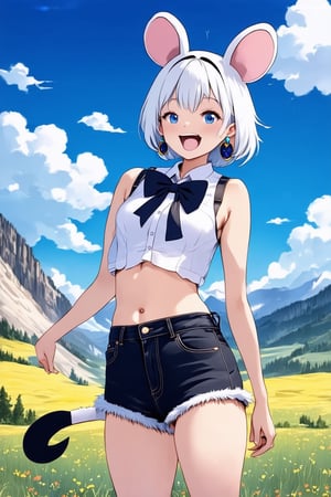 masterpiece, best quality, very beautiful, absurd, score 9 up, score 8 up, score 7 up, anime style,
one girl, solo, breasts, looking at viewer, blushing, smiling, short hair, open mouth, blue eyes, shirt, yellowstone landscape, ribbon, belly button, animal ears, cleavage, exposed shoulders, jewelry, medium breasts, standing, tail, white shirt, white hair, short sleeves, thighs, earrings, small breasts, sleeveless, shorts, stomach, puffy sleeves, bow tie, belly, crop top, fur trim, shorts, clothing cutouts, thigh straps, high leg, black shorts, fur collar, denim shorts, mouse ears, mouse tail, cut offs, mouse girl,Ye11owst0ne