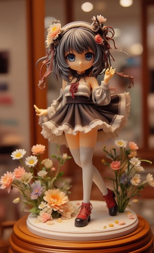 A detailed display of a Gothic Lolita anime resin figure placed on a display shelf. The figure wears a black and white ruffled dress with lace and ribbons, striped stockings and red shoes. The shelf is made of polished wood and the soft lighting highlights the delicate details of the figure. In the background, other anime figures and decorations can be faintly seen, but the focus is entirely on the Gothic Lolita figure. The room is softly lit, giving the display a warm and cozy atmosphere, perfect for any anime fan's collection.,create figure