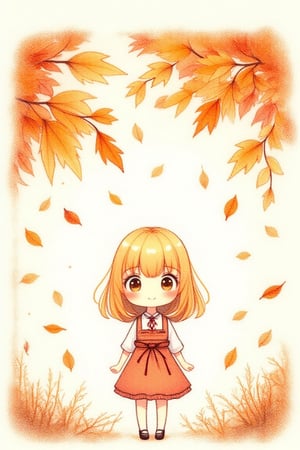 A delicate autumnal scene unfolds: a kawaii girl, her hair a warm honey hue, stands amidst rustling leaves, their amber tones glistening with dew. Soft, feathery light casts a gentle glow, highlighting the subject's porcelain complexion and rosy cheeks. The composition is framed by a subtle, textured border, reminiscent of watercolor brushstrokes. Against a pure white background, the artwork radiates an aura of serenity, as if suspended in a moment of tranquility,colored pencils