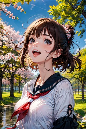 Masterpiece, beautiful details, perfect focus, uniform 8K wallpaper, high resolution, RAW photo, brown hair, medium curly hairstyle, clear sparkling deep eyes, smile, happy, open mouth,
A dreamy girl wearing a sailor suit is looking up at the sky while walking along a row of cherry blossom trees blown by the evening breeze. Watercolor illustration, anime style portrait of a teenager with a cute smile, one girl,perfect light,CherryBlossom_background,1girl,one girl