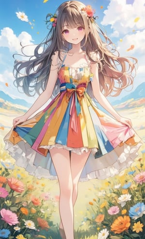 A smiling girl, wearing a colorful dress, poses happily with one leg raised. Her hair is long and wavy, and her hair is rainbow colored. Drawn in a clipping art style, the camera is angled from above. A bright flower field spreads out in the background, the bokeh is emphasized by the lens effect, and soft lighting illuminates the flowers.,acryli painting,colored pencil drawing,Anime style