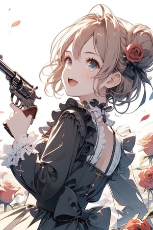 Masterpiece, beautiful details, perfect focus, uniform 8K wallpaper, high resolution, exquisite texture in every detail, girl with two pistols. She wields two weapons, a black revolver. Her muzzle is facing forward. Beautiful eyes, clear eyes, smile, brown hair, happy open mouth, hair in a bun, highly detailed and high quality illustrations. Simple background. White background. Ruffles, black dress, petals, roses, ruffle dress, cross, red flowers, lolita fashion, red roses, gothic lolita. Upper body, top quality, aesthetic, dual wielding