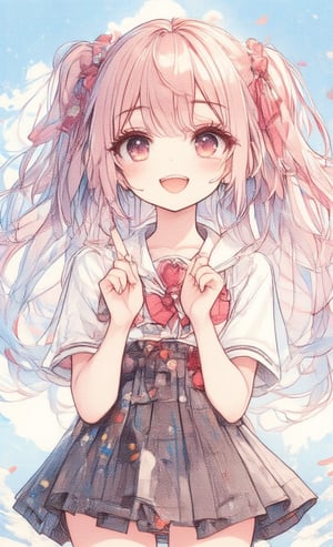 1 girl, solo, looking at viewer, blushing, smiling, mouth open, bangs, shirt, red eyes, bow tie, ribbon, school uniform, collarbone, hair ribbon, upper body, pink hair, short sleeves, hair ribbon, outdoors, one eye closed, sky, teeth, sailor uniform, daytime, clouds, bow tie, sailor collar, red bow tie, side ponytail, red ribbon, blue sky, hands up, V, buttons, upper teeth only, ;d, red bow tie, white sailor collar, double V,acryli painting,Anime style,ct-animepopstyle,colored pencil drawing