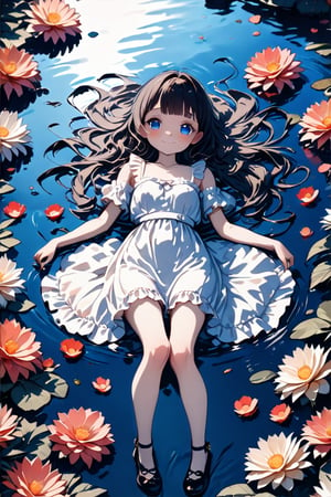 A girl in a white dress lying down and floating in a pond, (horror style), (ultimately adorable:1.4), (incredibly cute:1.4), (super kawaii:1.4) long black hair, surrounded by many bloody flowers, (sad), spread arms wide, full body, moonlit night, fantastic, mysterious, from above, (masterpiece:1.3), ((highest quality, 8k, ultra-detailed)), perfect anatomy, detailed eyes, anatomically correct hands, very clear and precise images