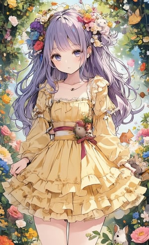 A cute girl wearing a frilly yellow dress is playing with small animals in the forest. Her hairstyle is long and straight, and her hair color is purple. In the background are green trees and colorful flowers.

,acryli painting,colored pencil drawing,Anime style