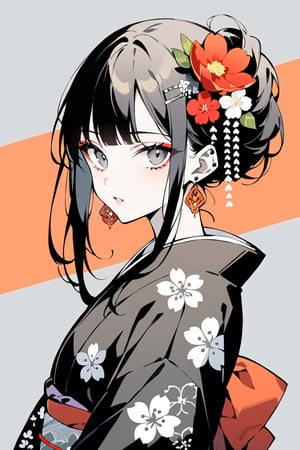 Masterpiece, best quality, beautiful sensation,
one girl, solo, long hair, staring at viewer, bangs, black hair, hair ornament, jewelry, upper body, flowers, earrings, open lips, kimono, hair flower, blunt bangs, kimono, from the side, gray eyes, makeup, piercing, floral print, red flowers, ear piercing, pale skin, lace, black kimono, black flowers,flat style